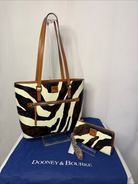 Dooney & Bourke Zebra Print Leather Large Shopper Tote Bag & Zip Around Wallet
